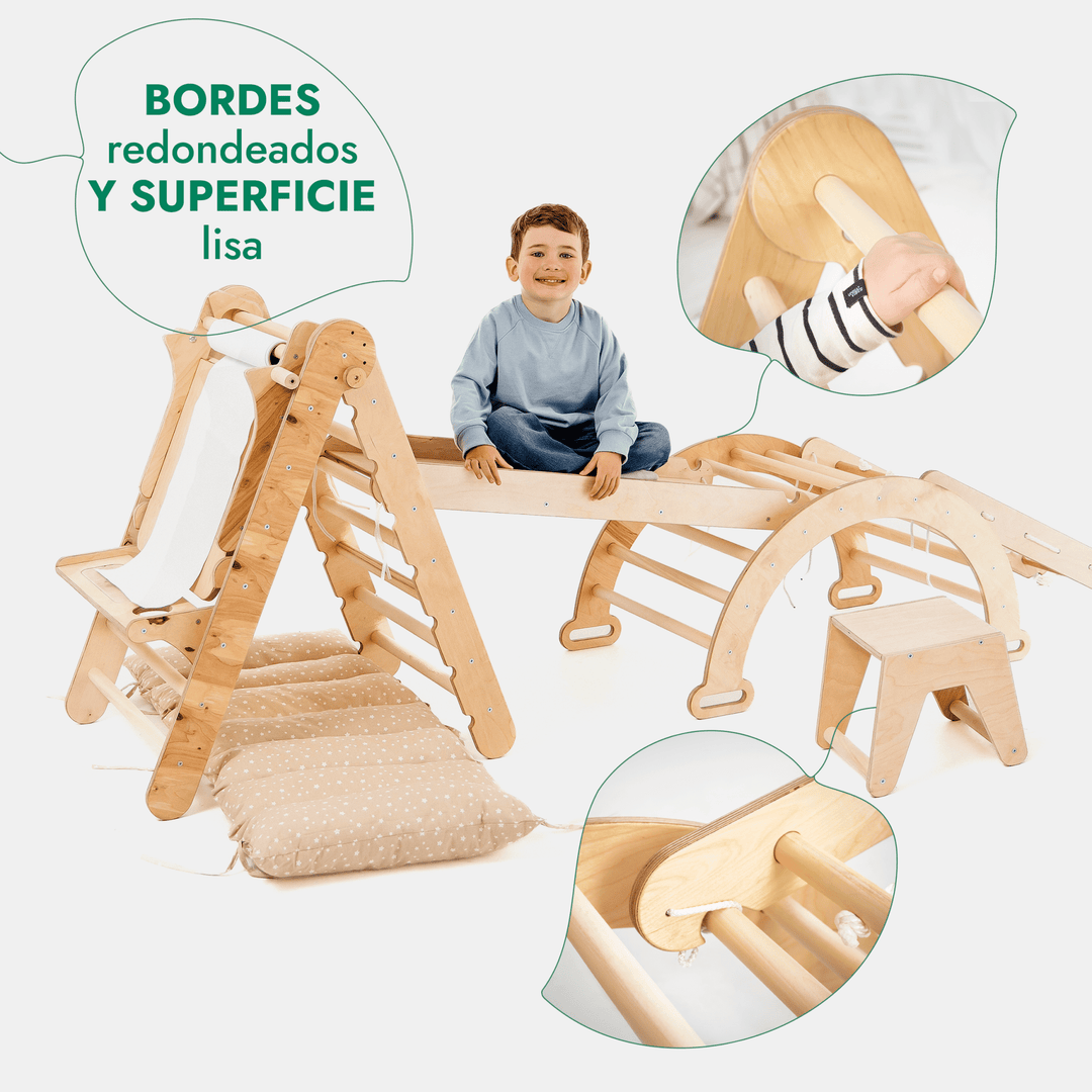 6en1 Montessori Juego de trepa: Escalera Triangular + Arco/Rocker + Tobogán/Rampa + Red + Cojín + Arte Adicional