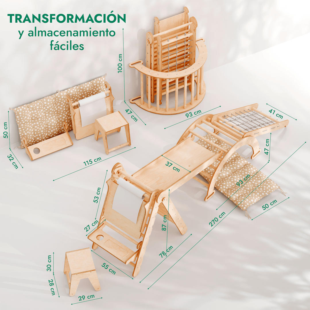 6en1 Montessori Juego de trepa: Escalera Triangular + Arco/Rocker + Tobogán/Rampa + Red + Cojín + Arte Adicional
