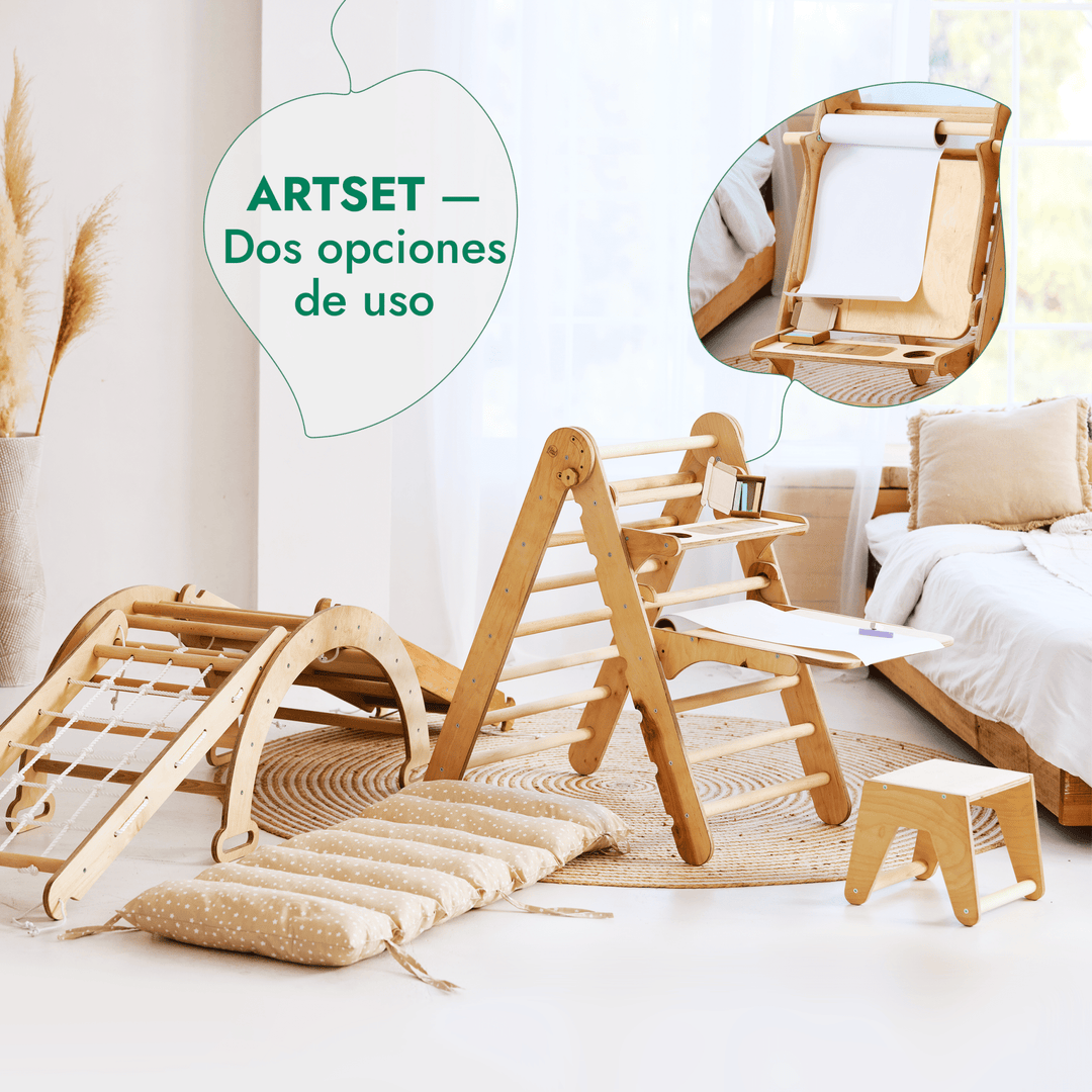 6en1 Montessori Juego de trepa: Escalera Triangular + Arco/Rocker + Tobogán/Rampa + Red + Cojín + Arte Adicional