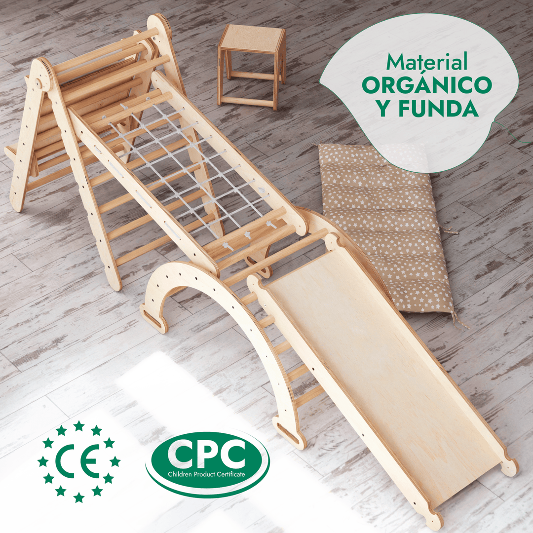 6en1 Montessori Juego de trepa: Escalera Triangular + Arco/Rocker + Tobogán/Rampa + Red + Cojín + Arte Adicional