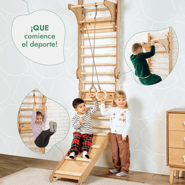 6en1 Pared Sueca de Madera / Escalera para Niños + Columpio + Tobogán