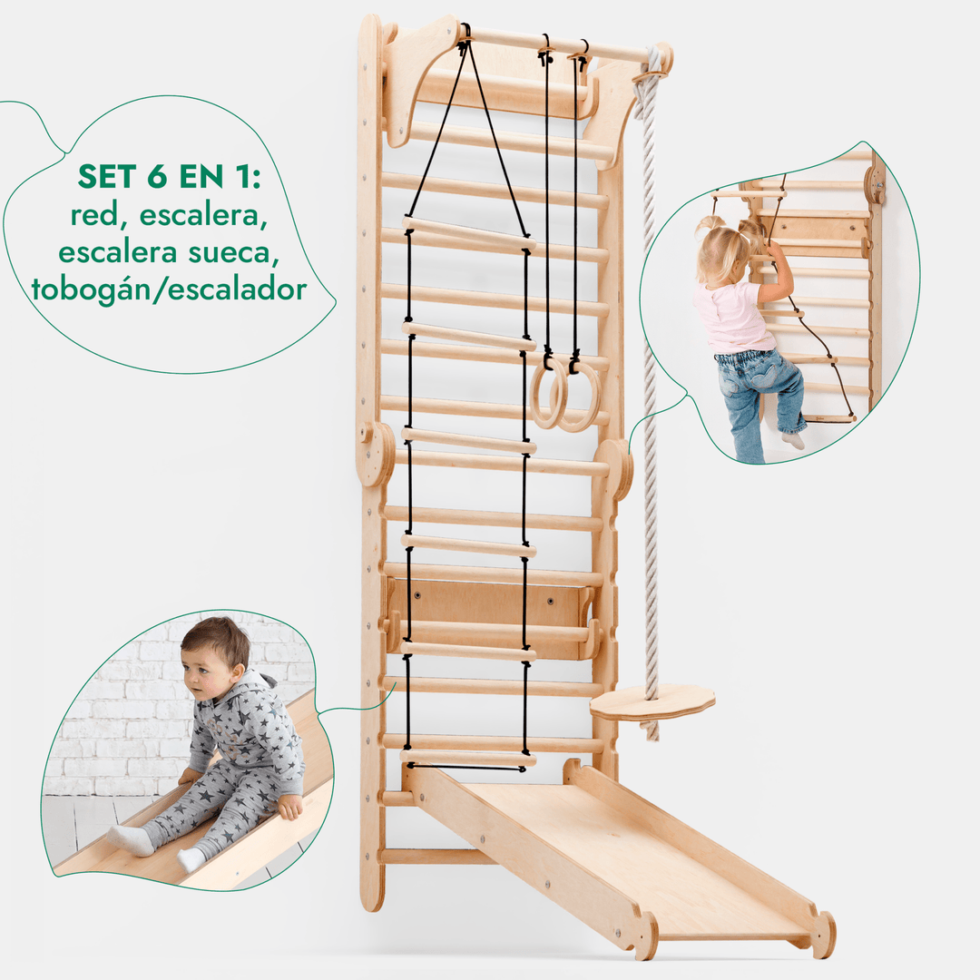 6en1 Pared Sueca de Madera / Escalera para Niños + Columpio + Tobogán