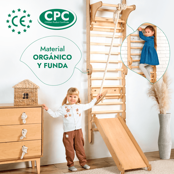6en1 Pared Sueca de Madera / Escalera para Niños + Columpio + Tobogán