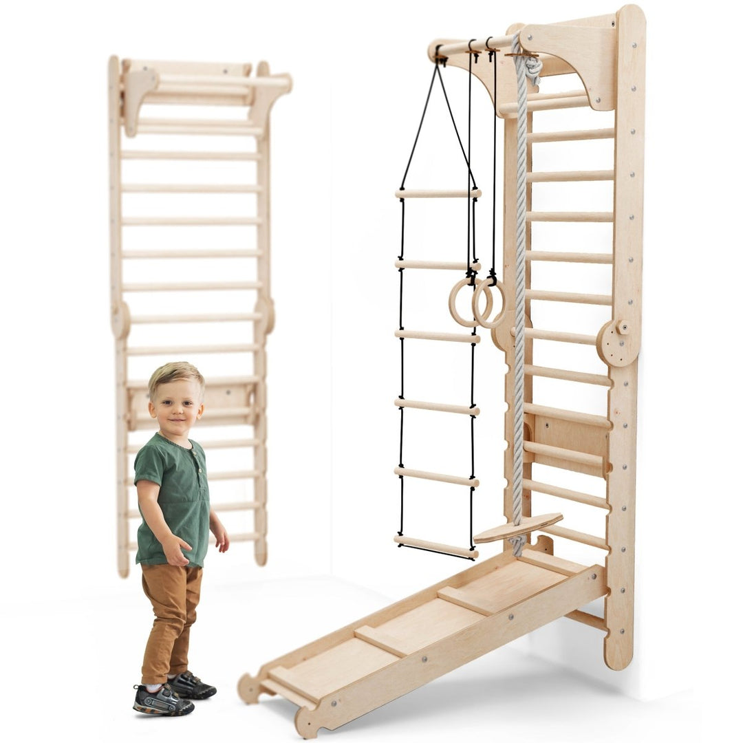 6en1 Pared Sueca de Madera / Escalera para Niños + Columpio + Tobogán