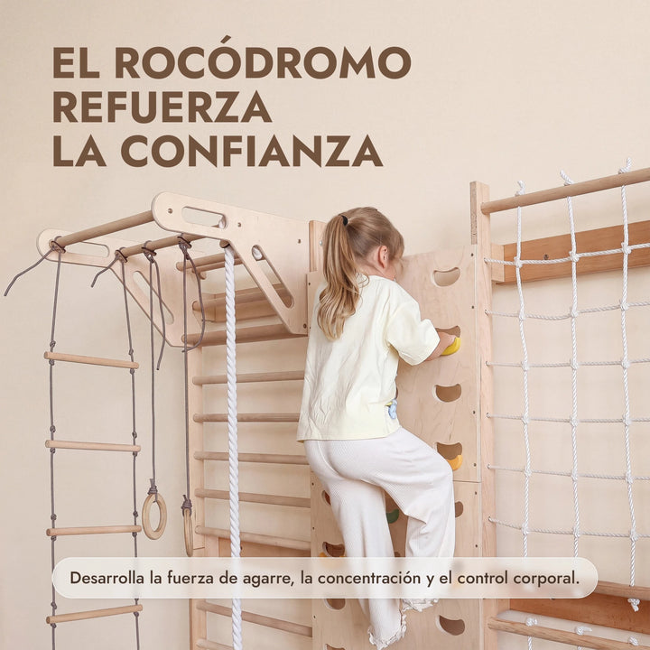 7 en 1 Rocódromo Infantil: Espaldera, Presas, Red, Barra de Dominadas y Set de Columpios 3en1