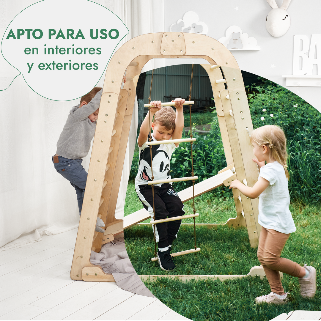 Parque infantil de madera para interior - Parque infantil 7en1 + Juego de columpios + Tobogán +Complemento de Arte