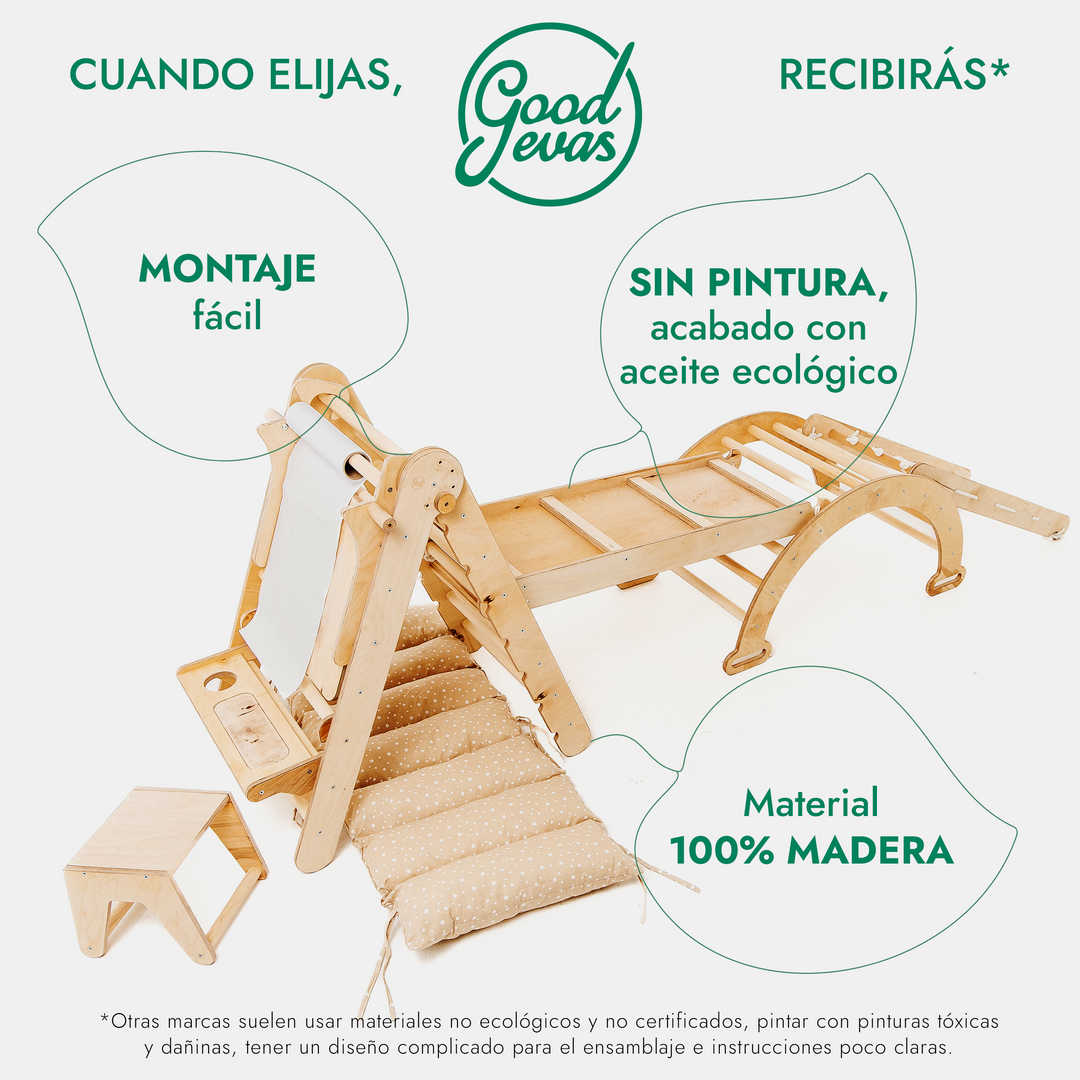 6en1 Montessori Juego de trepa: Escalera Triangular + Arco/Rocker + Tobogán/Rampa + Red + Cojín + Arte Adicional