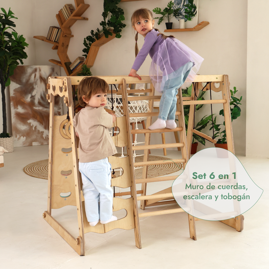 Gimnasio Jungla Interior 6en1 para niños: Parque infantil + Juego de columpios + Tobogán + Cuerda + Escaleras