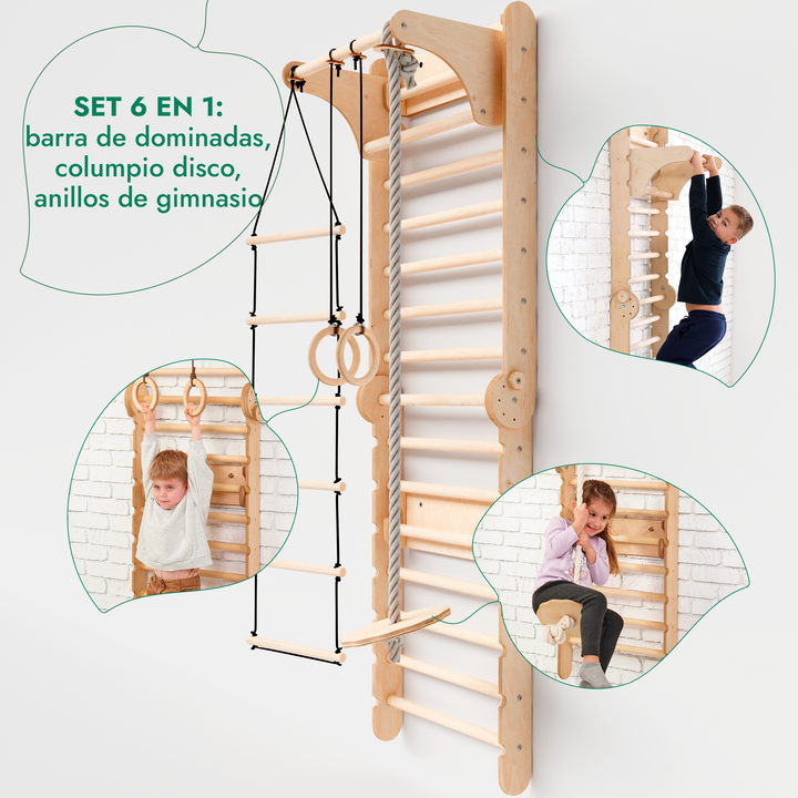 6en1 Pared Sueca de Madera / Escalera para Niños + Columpio + Tobogán