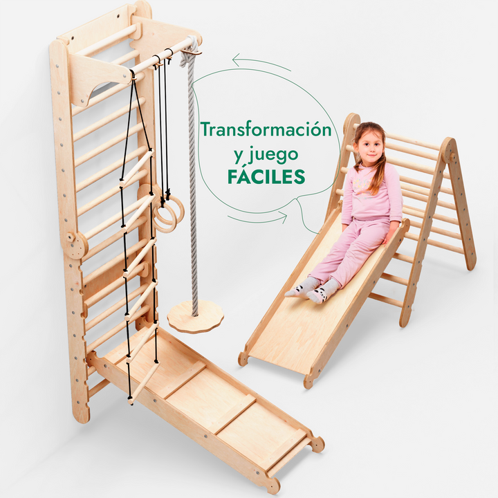 6en1 Pared Sueca de Madera / Escalera para Niños + Columpio + Tobogán