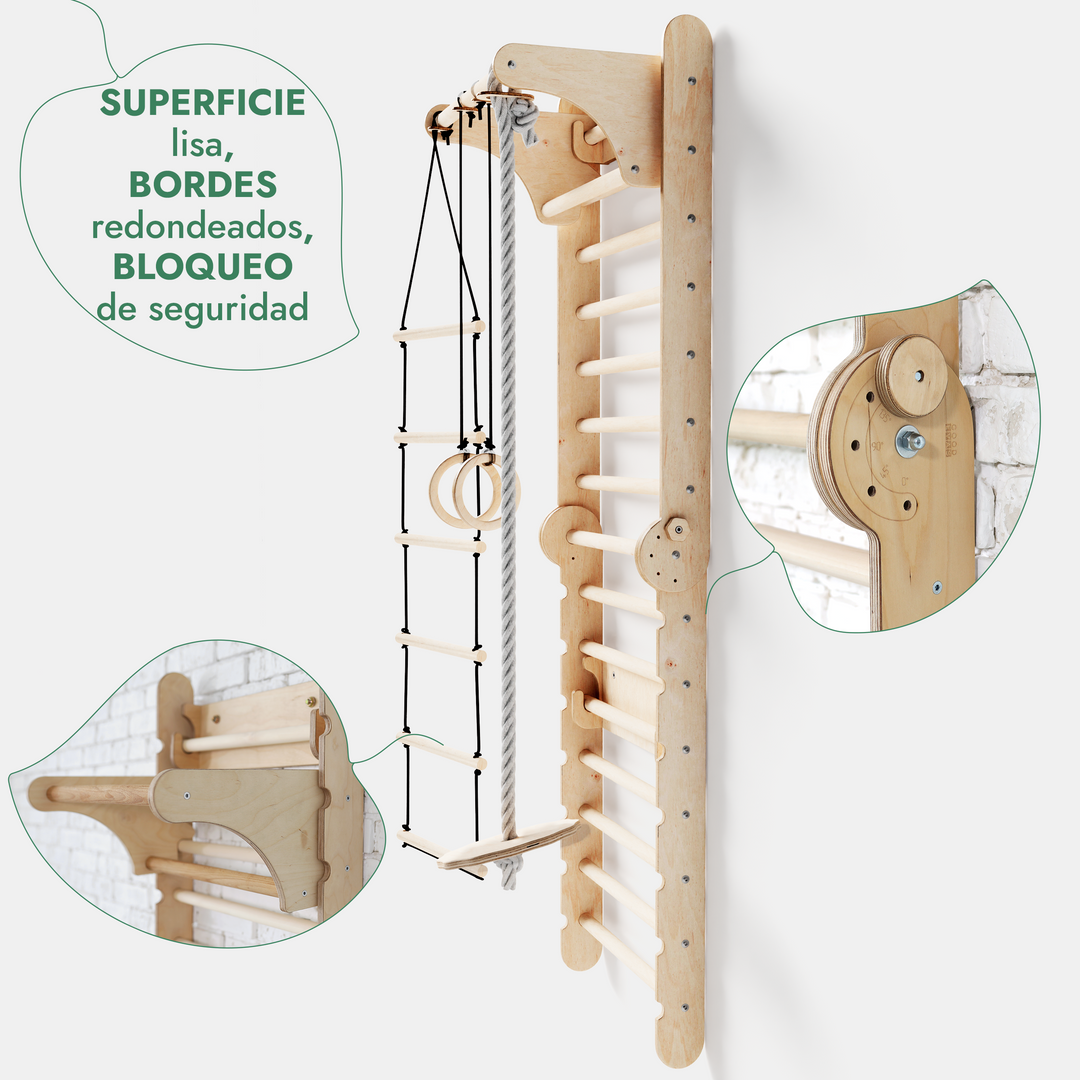 6en1 Pared Sueca de Madera / Escalera para Niños + Columpio + Tobogán
