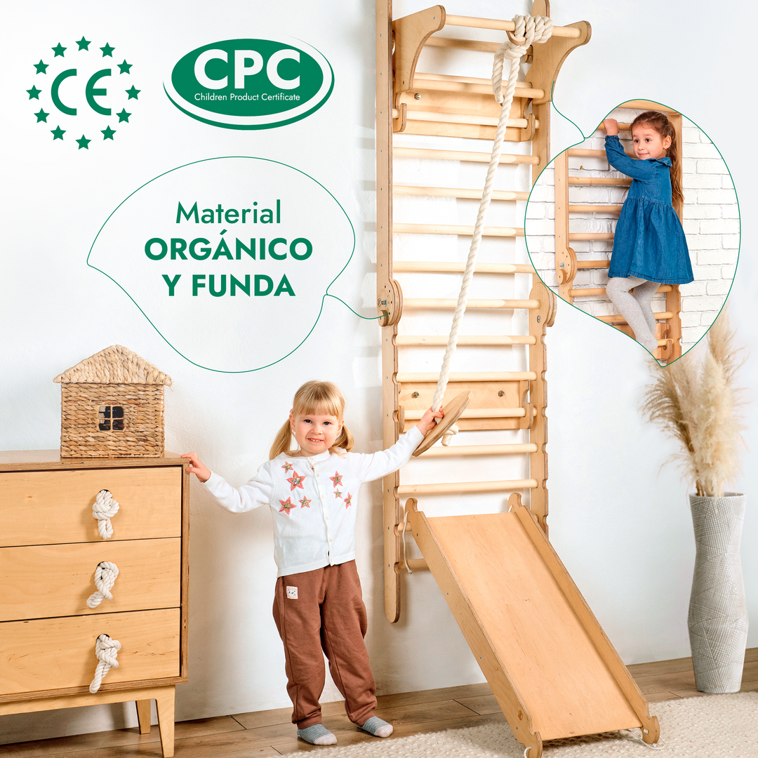 6en1 Pared Sueca de Madera / Escalera para Niños + Columpio + Tobogán