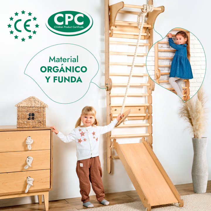 6en1 Pared Sueca de Madera / Escalera para Niños + Columpio + Tobogán