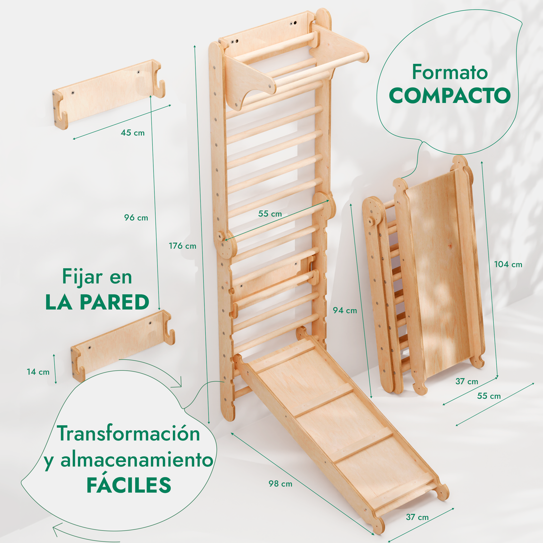 6en1 Pared Sueca de Madera / Escalera para Niños + Columpio + Tobogán