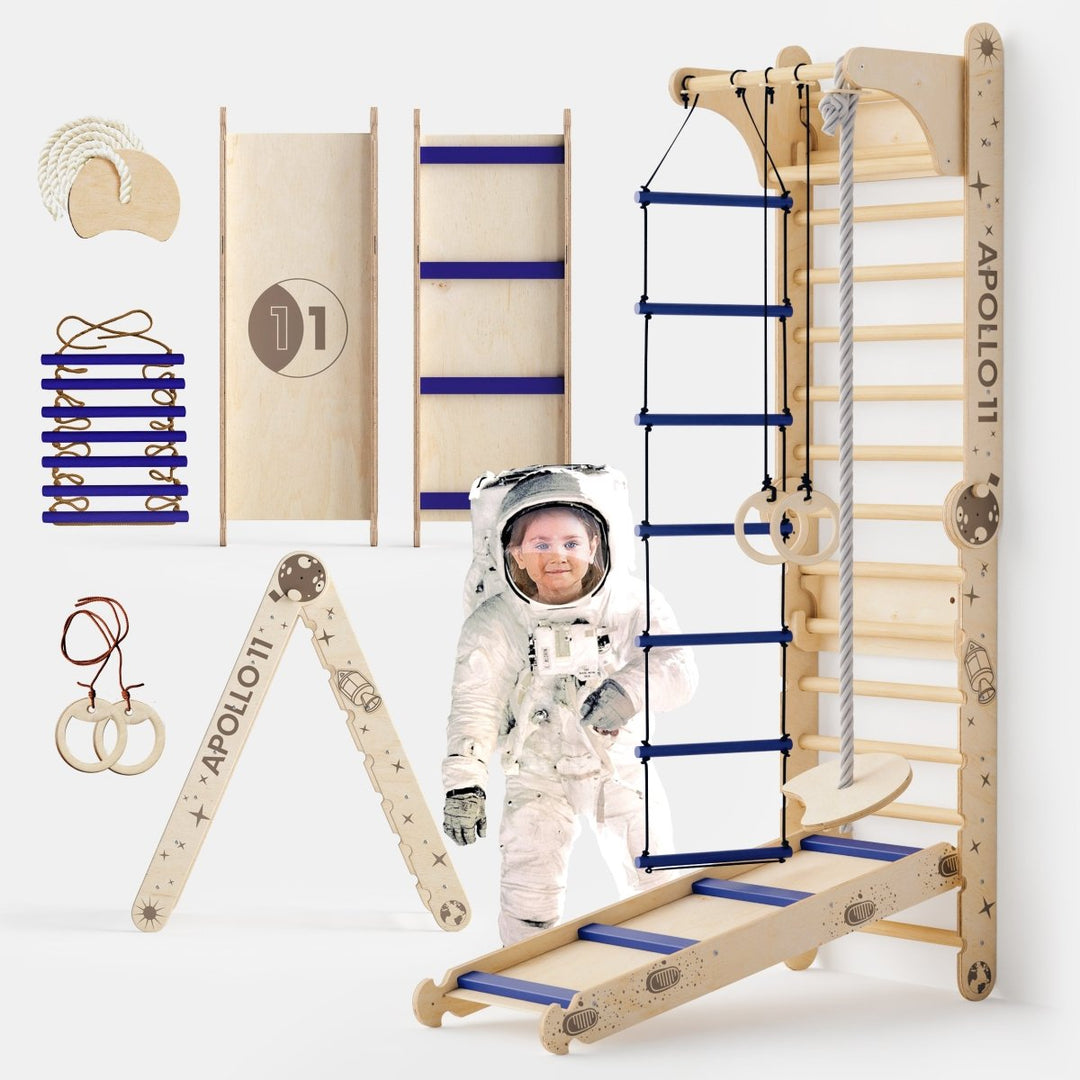 Apollo Pared Sueca / Escalera para Pequeños Astronautas + Columpio Lunar + Tobogán
