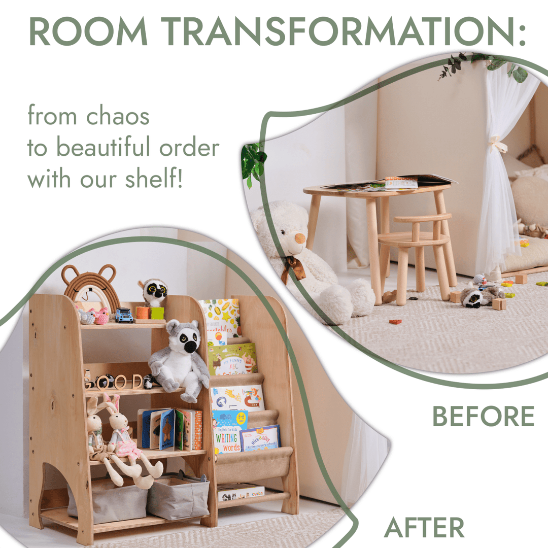 Estanterías de madera Montessori 2en1: estantería para libros y juguetes