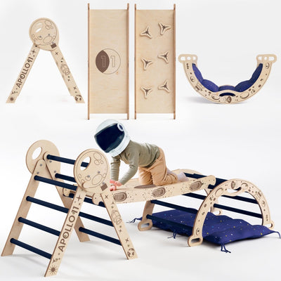 Juego de escalada Apollo 4en1: Pikler Triángulo, Arco, Tobogán y Cojín para Niños Pequeños Astronautas (1-3 años)