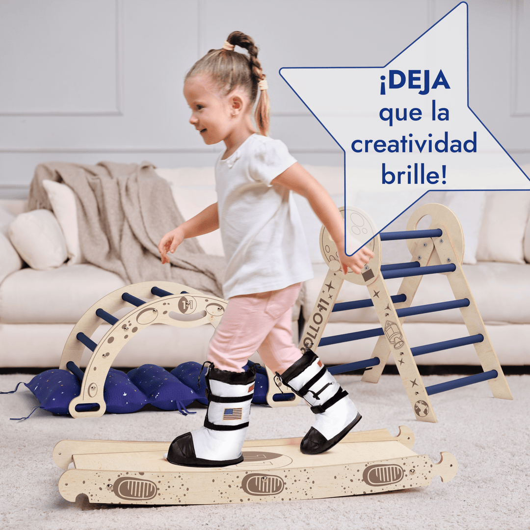 Juego de escalada Apollo 4en1: Pikler Triángulo, Arco, Tobogán y Cojín para Niños Pequeños Astronautas (1-3 años)