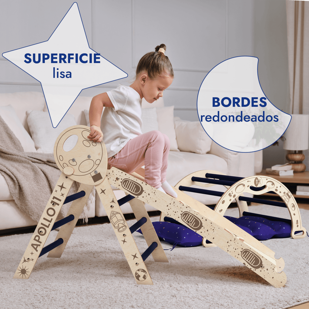 Juego de escalada Apollo 4en1: Pikler Triángulo, Arco, Tobogán y Cojín para Niños Pequeños Astronautas (1-3 años)