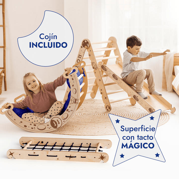 Juego de escalada Apollo 5en1: Triángulo Pikler, Red, Arco, Tobogán y Cojín para Pequeños Astronautas