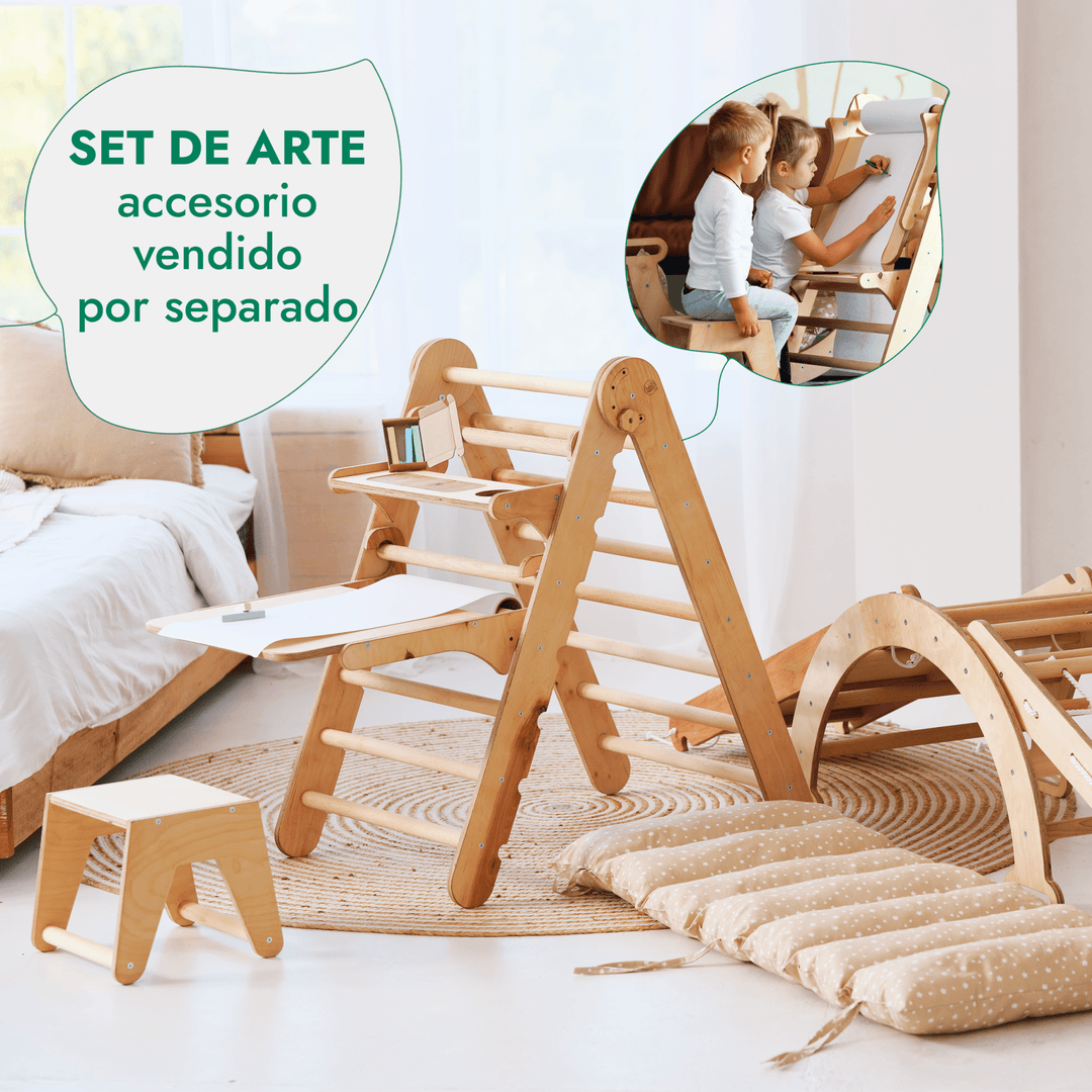 Juego de trepa Montessori 5en1: Escalera triangular + Arco/balancín + Tobogán/rampa + Cuerda de red + Cojín
