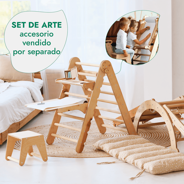 Juego de trepa Montessori 5en1: Escalera triangular + Arco/balancín + Tobogán/rampa + Cuerda de red + Cojín