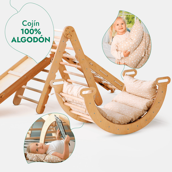 Juego de trepa Montessori 5en1: Escalera triangular + Arco/balancín + Tobogán/rampa + Cuerda de red + Cojín