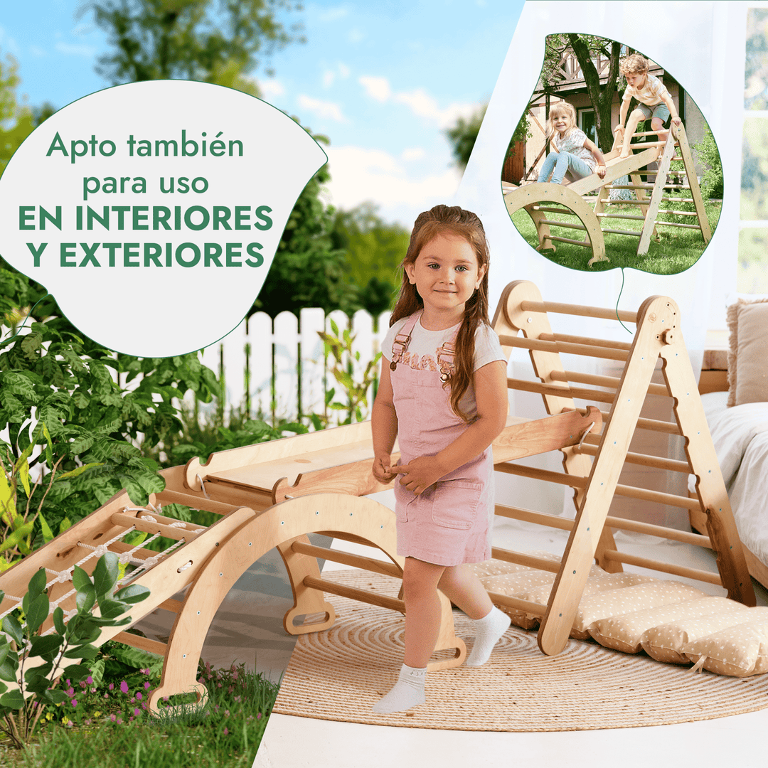 Juego de trepa Montessori 5en1: Escalera triangular + Arco/balancín + Tobogán/rampa + Cuerda de red + Cojín