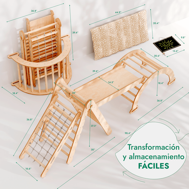Juego de trepa Montessori 5en1: Escalera triangular + Arco/balancín + Tobogán/rampa + Cuerda de red + Cojín