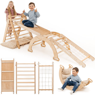 Juego de trepa Montessori 5en1: Escalera triangular + Arco/balancín + Tobogán/rampa + Cuerda de red + Cojín