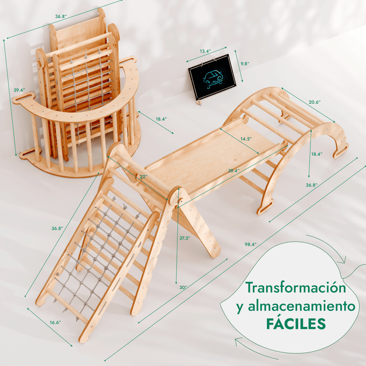 Kit con Escalera triangular 4en1: Escalera triangular + Arco + Tobogán + Red de escalada – Beige