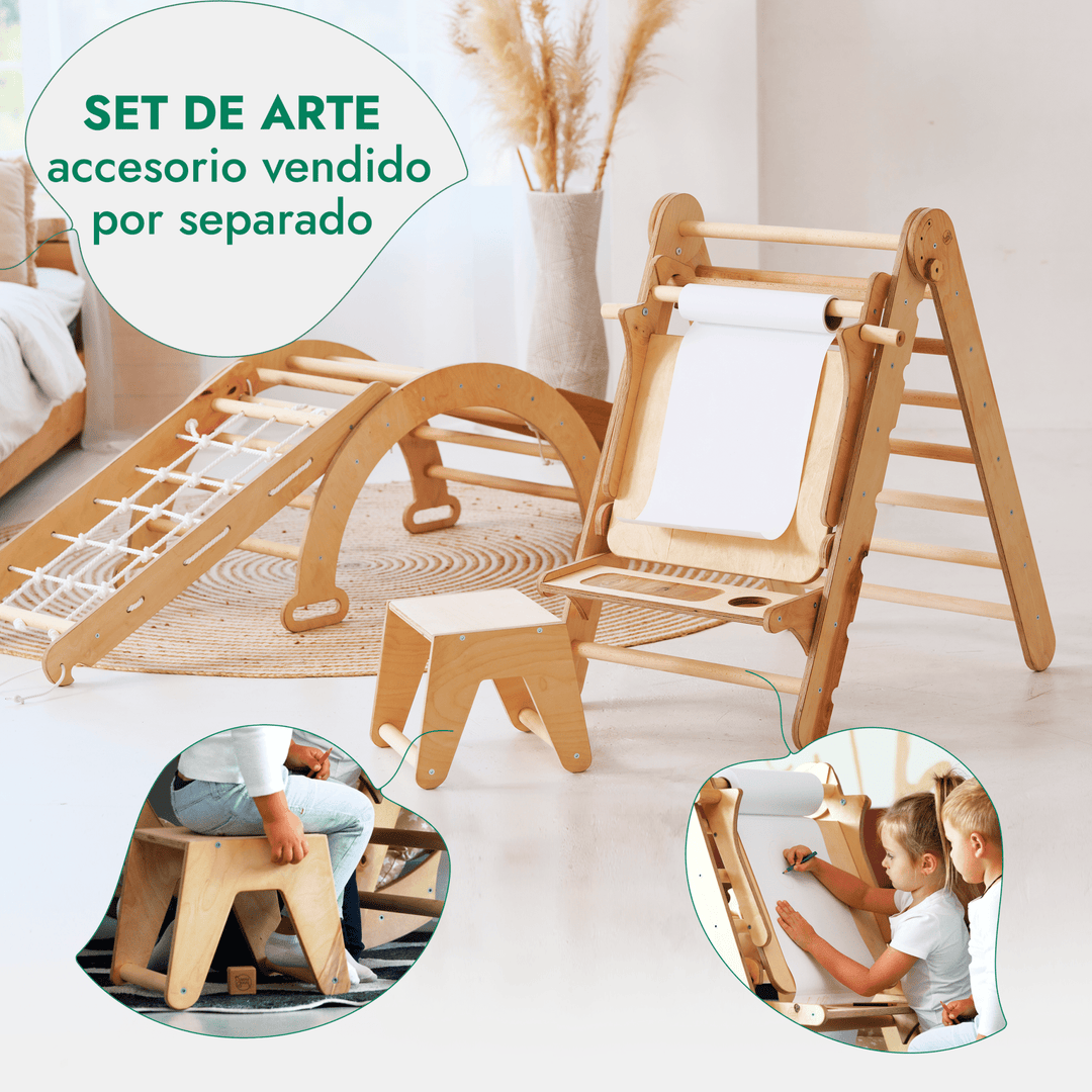 Kit con Escalera triangular 4en1: Escalera triangular + Arco + Tobogán + Red de escalada – Beige