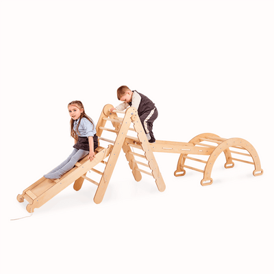 Kit con Escalera triangular 4en1: Escalera triangular + Arco + Tobogán + Red de escalada – Beige