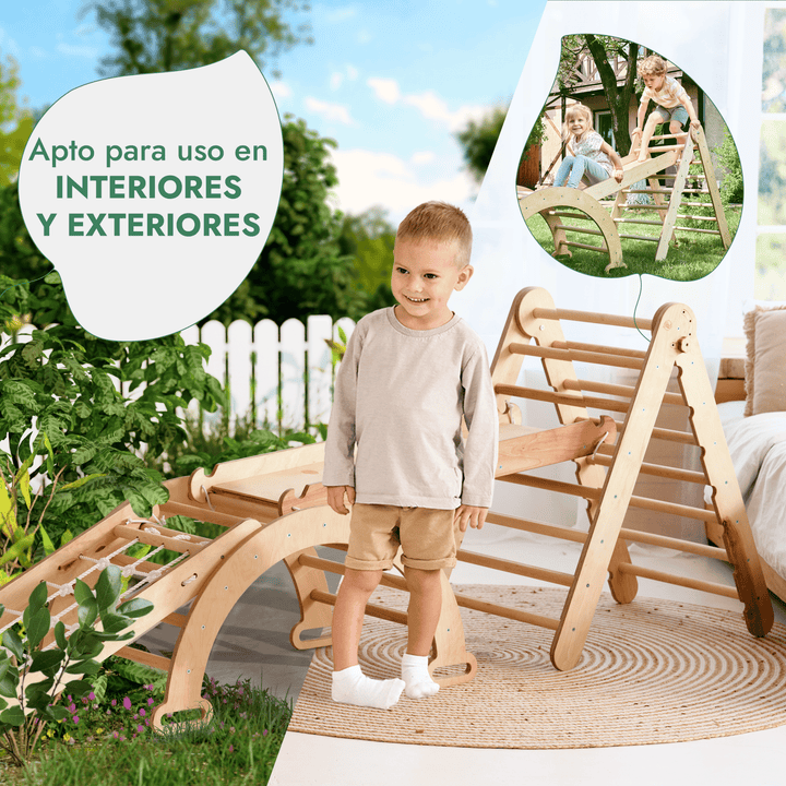 Kit con Escalera triangular 4en1: Escalera triangular + Arco + Tobogán + Red de escalada – Beige