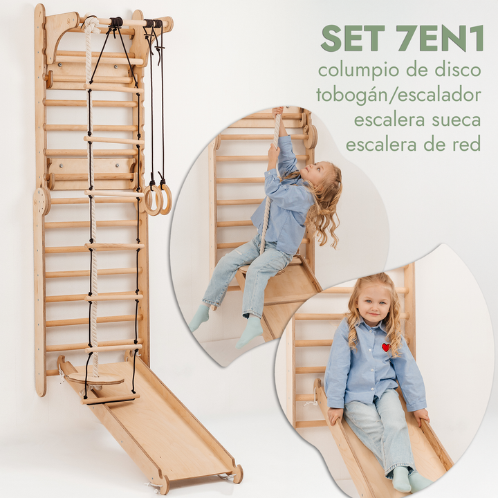 5en1 Pared Sueca de Madera / Escalera para Niños + Columpio + Tobogán + Complemento de Arte