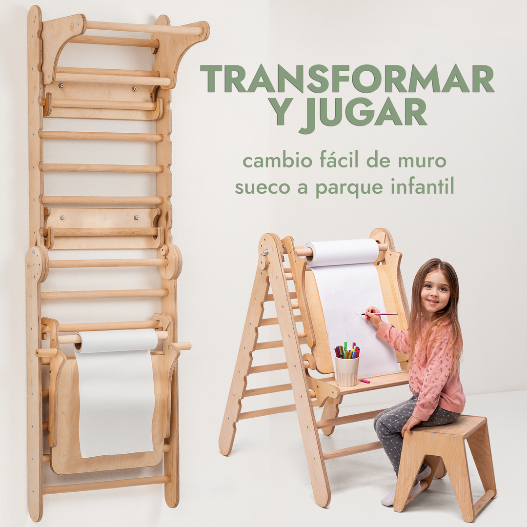 5en1 Pared Sueca de Madera / Escalera para Niños + Columpio + Tobogán + Complemento de Arte