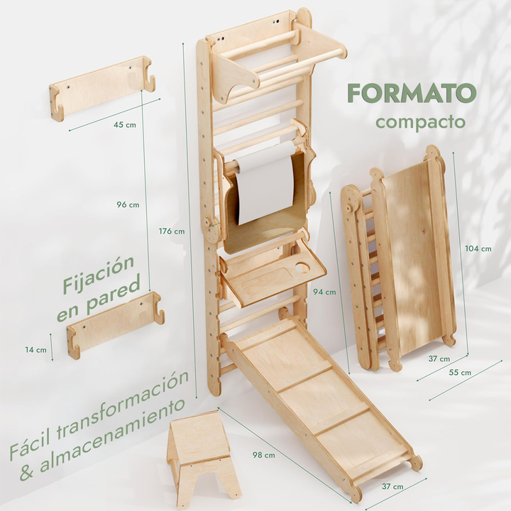 5en1 Pared Sueca de Madera / Escalera para Niños + Columpio + Tobogán + Complemento de Arte