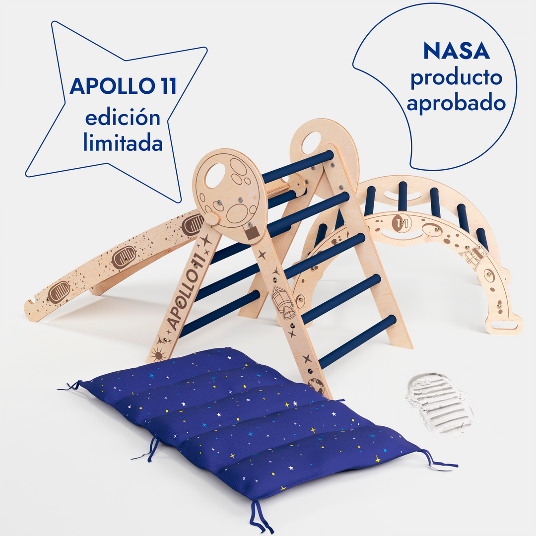 Juego de escalada Apollo 4en1: Pikler Triángulo, Arco, Tobogán y Cojín para Niños Pequeños Astronautas (1-3 años)