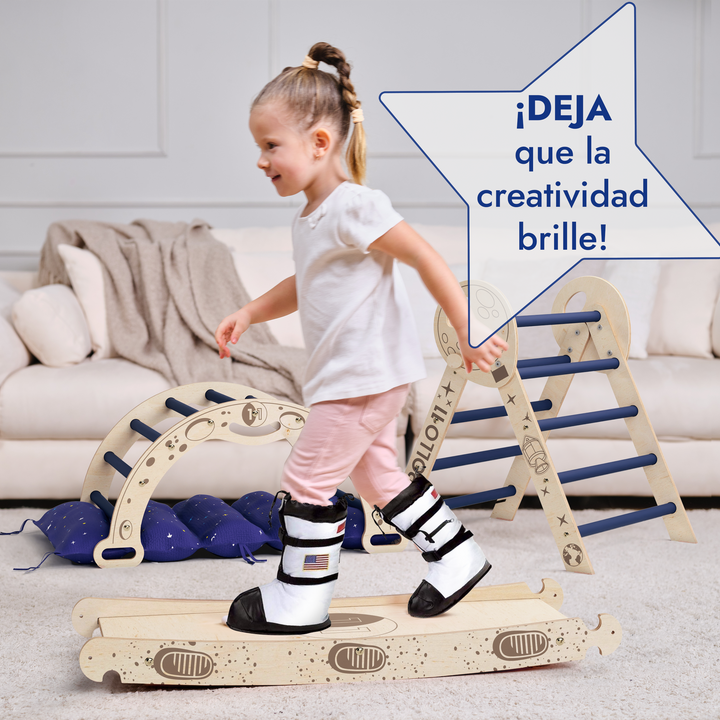 Juego de escalada Apollo 4en1: Pikler Triángulo, Arco, Tobogán y Cojín para Niños Pequeños Astronautas (1-3 años)