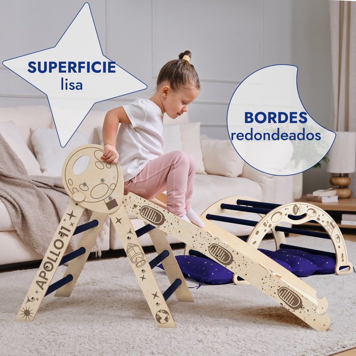 Juego de escalada Apollo 4en1: Pikler Triángulo, Arco, Tobogán y Cojín para Niños Pequeños Astronautas (1-3 años)