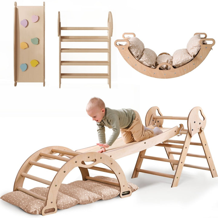 Set de Escalada 4 en 1 para Niños Pequeños: Escalera Triangular + Arco/Rocker + Tobogán/Rampa + Cojín