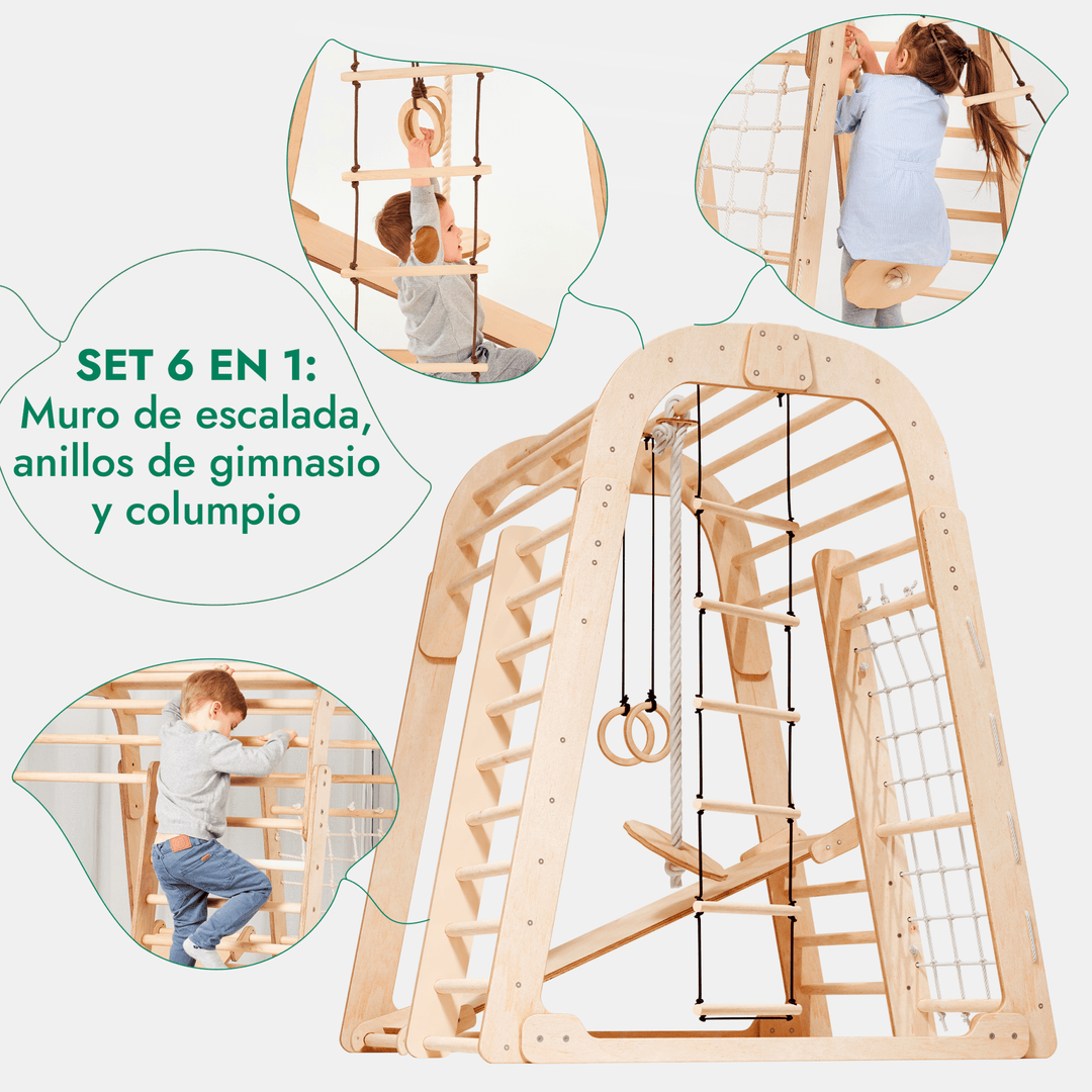 Parque infantil de madera para interior - Parque infantil 6en1 + Juego de columpios + Tobogán