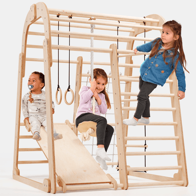 Parque infantil de madera para interior - Parque infantil 6en1 + Juego de columpios + Tobogán