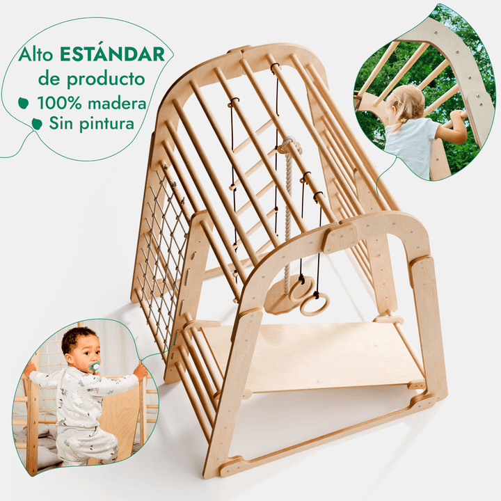 Parque infantil de madera para interior - Parque infantil 6en1 + Juego de columpios + Tobogán