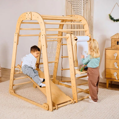 Parque infantil de madera para interior - Parque infantil 7en1 + Juego de columpios + Tobogán +Complemento de Arte