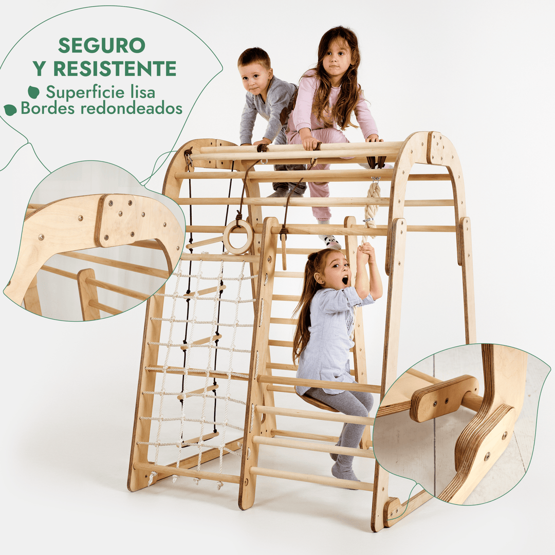 Parque infantil de madera para interior - Parque infantil 6en1 + Juego de columpios + Tobogán