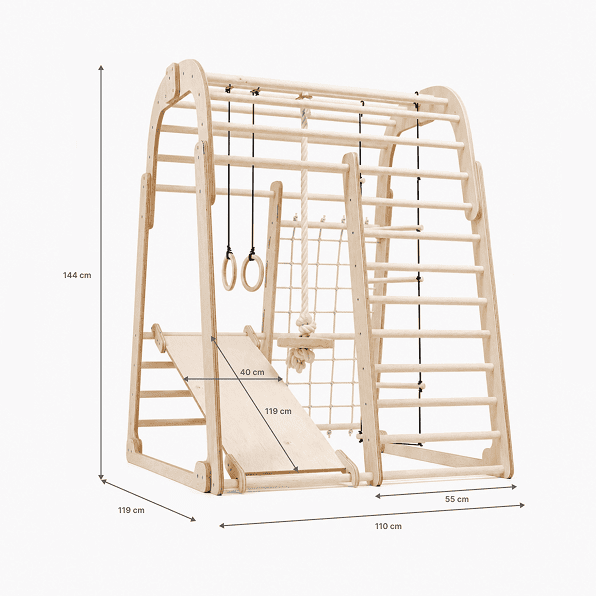 Parque infantil de madera para interior - Parque infantil 7en1 + Juego de columpios + Tobogán +Complemento de Arte