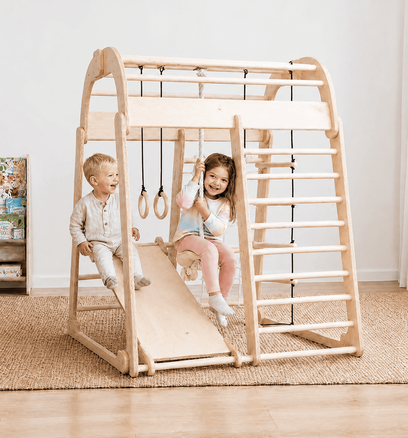 Parque infantil de madera para interior - Parque infantil 7en1 + Juego de columpios + Tobogán +Complemento de Arte