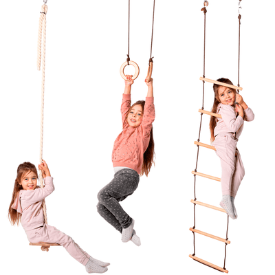 Set de Columpios 3en1: Escalera de cuerda + Anillas de gimnasia + Columpio de cuerda con disco