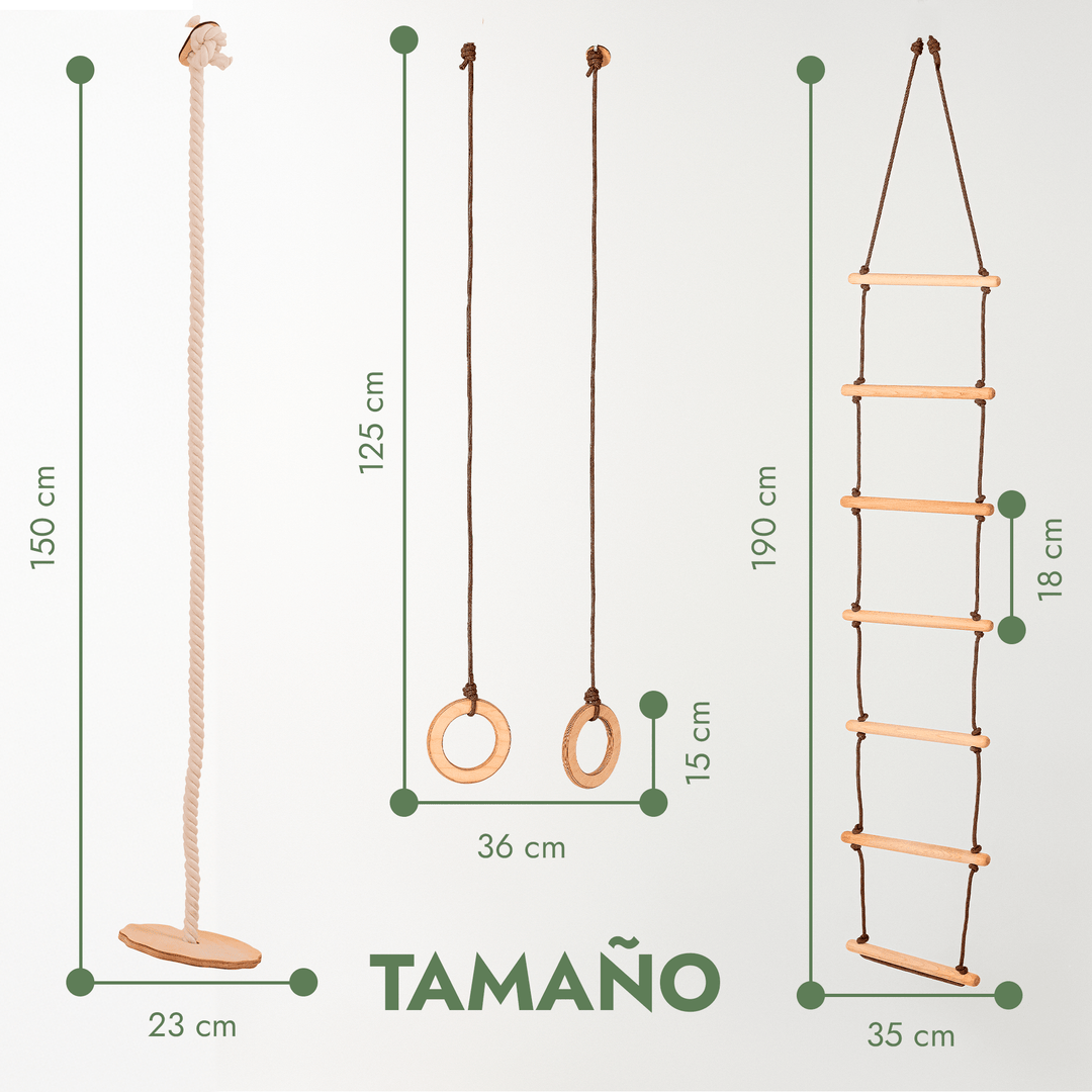 Set de Columpios 3en1: Escalera de cuerda + Anillas de gimnasia + Columpio de cuerda con disco